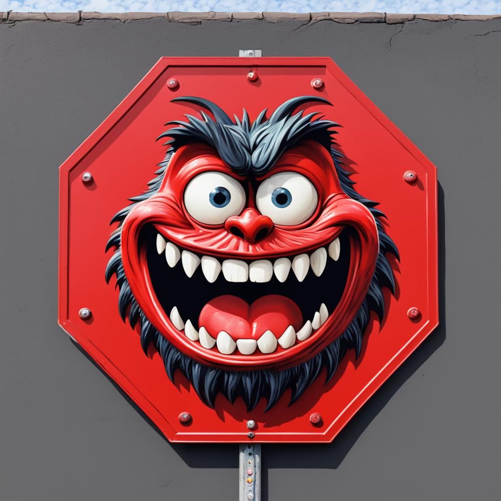 Rat Fink Monster on Stop Sign Cartoon