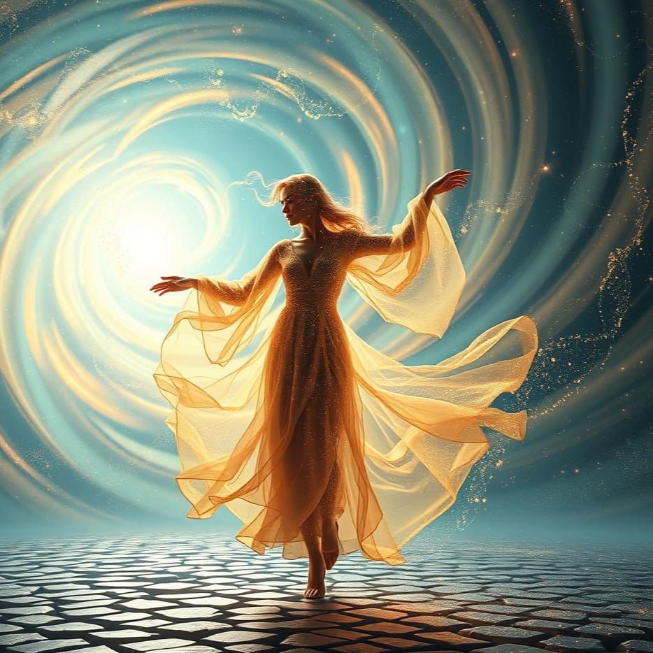 Ethereal Figure Dancing in Cosmic Vortex in Surreal Style