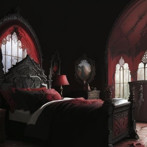 Beautiful red and black gothic bed& hyperdetailed art nouvea...