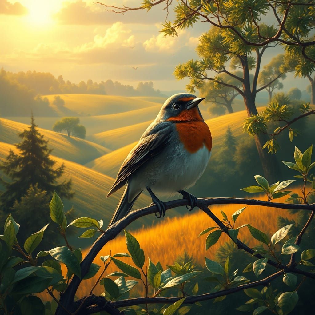 Whimsical Robin in a Lush, Sun-Drenched Landscape
