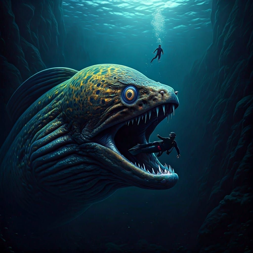 Gargantuan Moray Eel Swallows Diver in Dark Depths