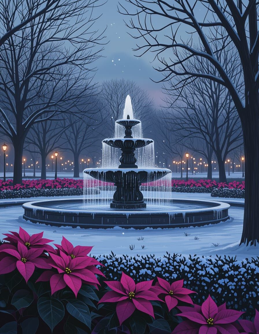 Frosty Park Fountain at Dusk in a Painterly Style
