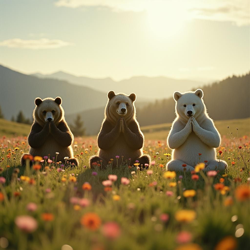 Bears Doing Yoga in Flowery Meadow, Cinematic Style