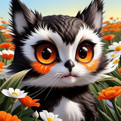 Cute Monster Cat with Tilted Head in Surreal Field