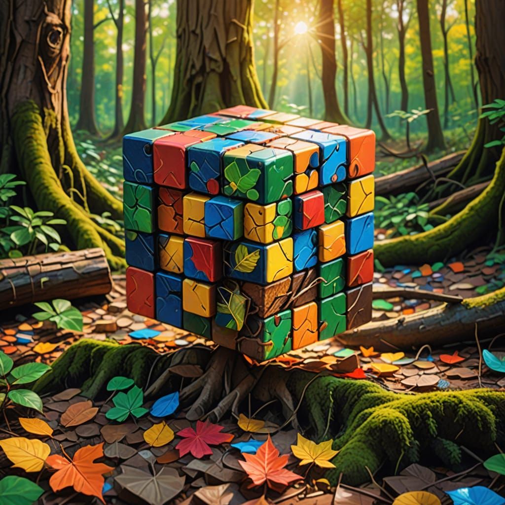 Rubik's Cube in Forest: Vibrant Oil Painting