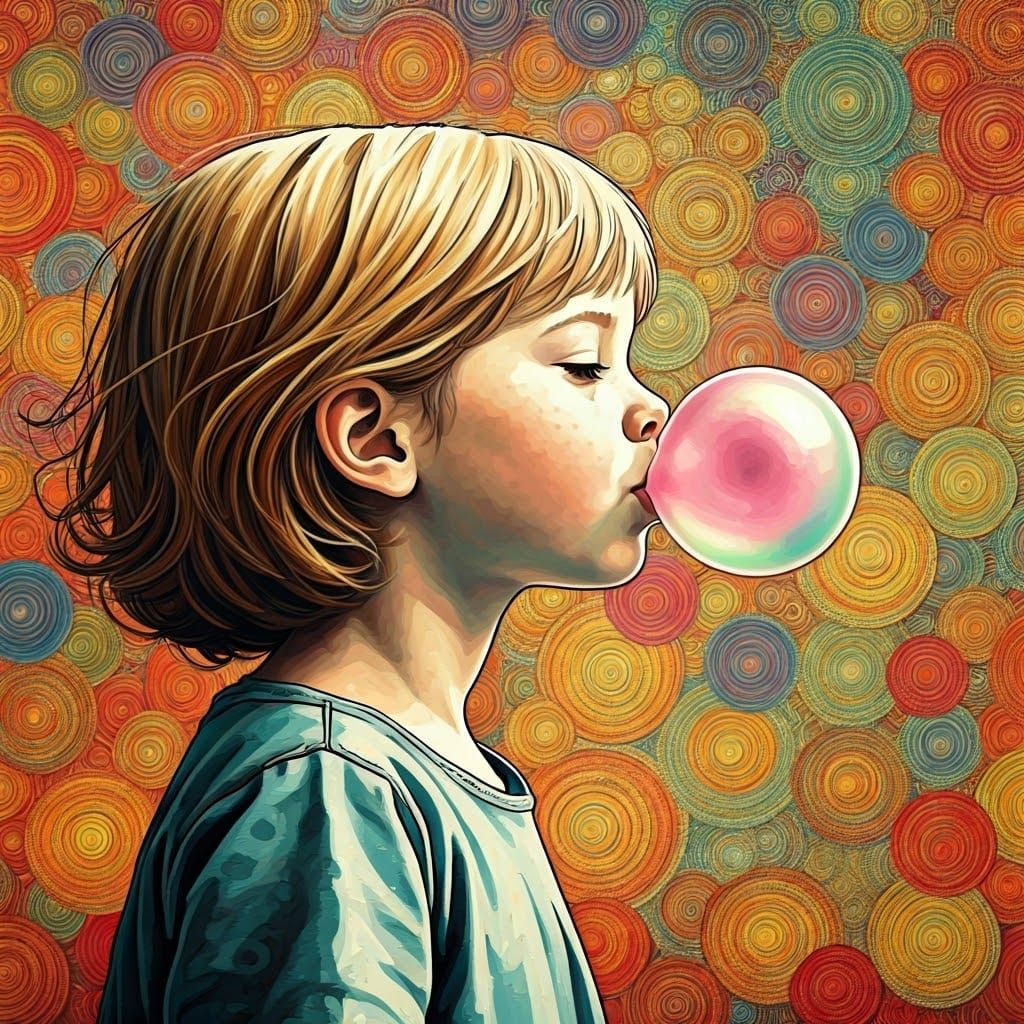 Child Blows Colorful Chewing Gum Bubbles in Whimsical World