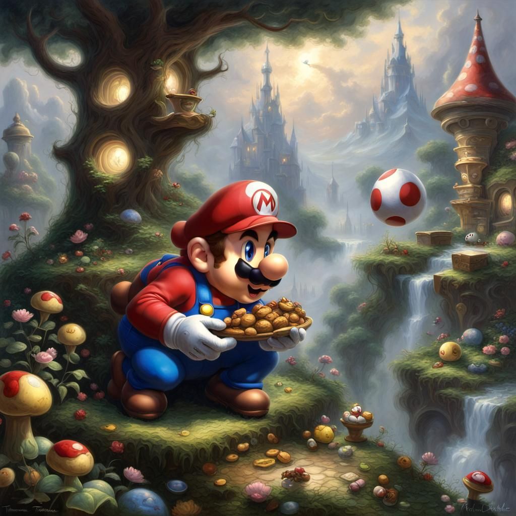Super Mario's Unlikely Feast in Ethereal Landscape