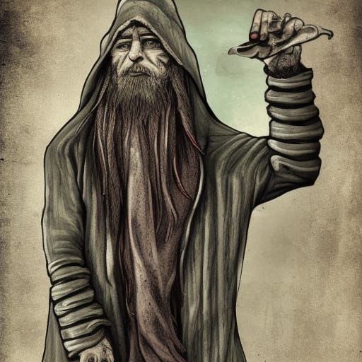 Grungy Wizard Peddler in Harsh Terrain