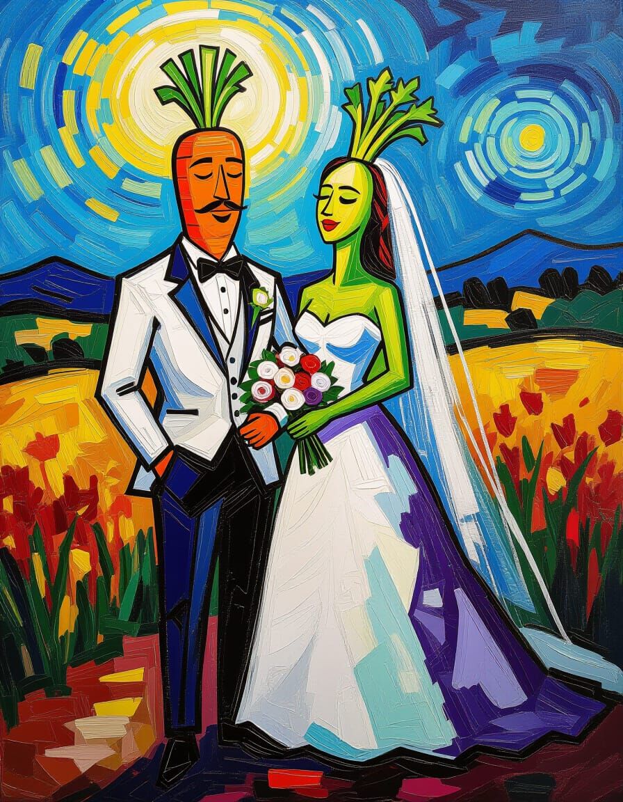 Carrot and Celery Wedding in Thick Oil Paint Style