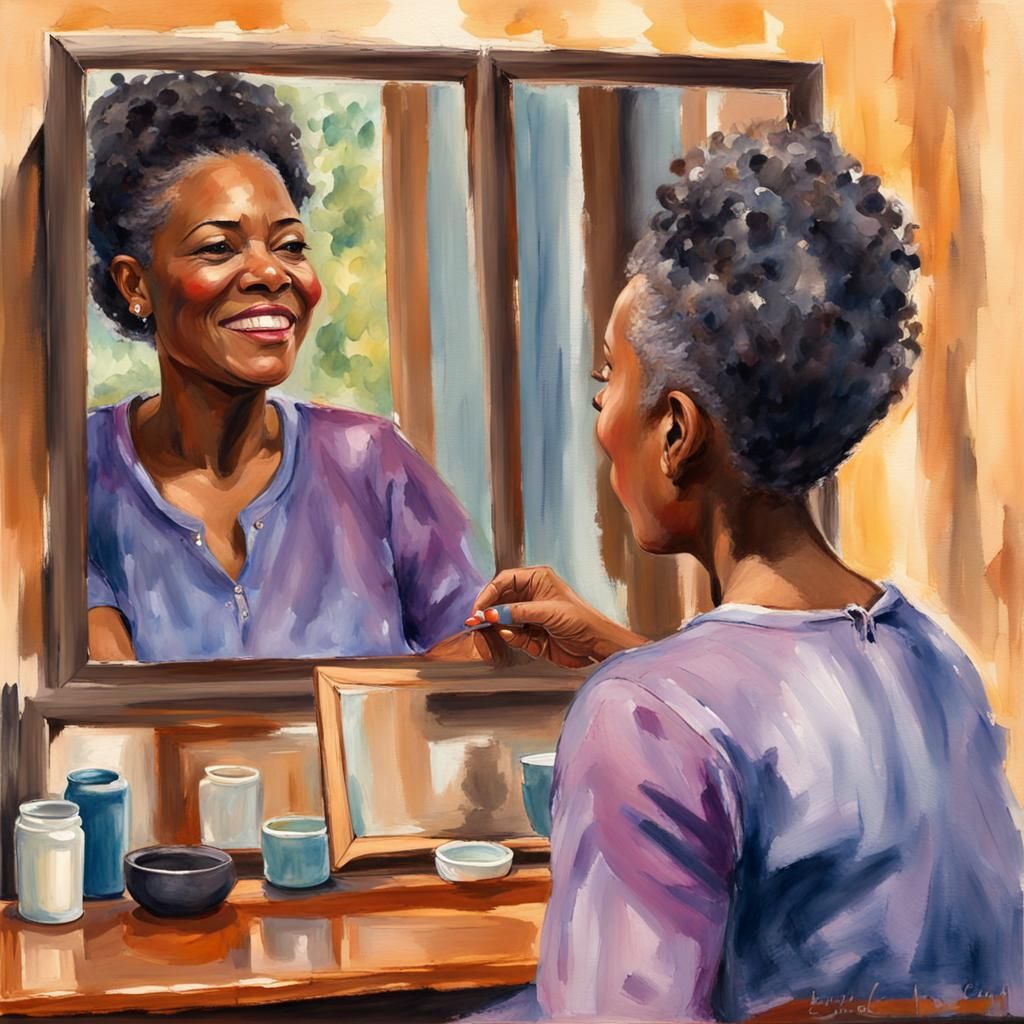 Nostalgic Reflection: Black Woman's Gouache Impressionist Po...