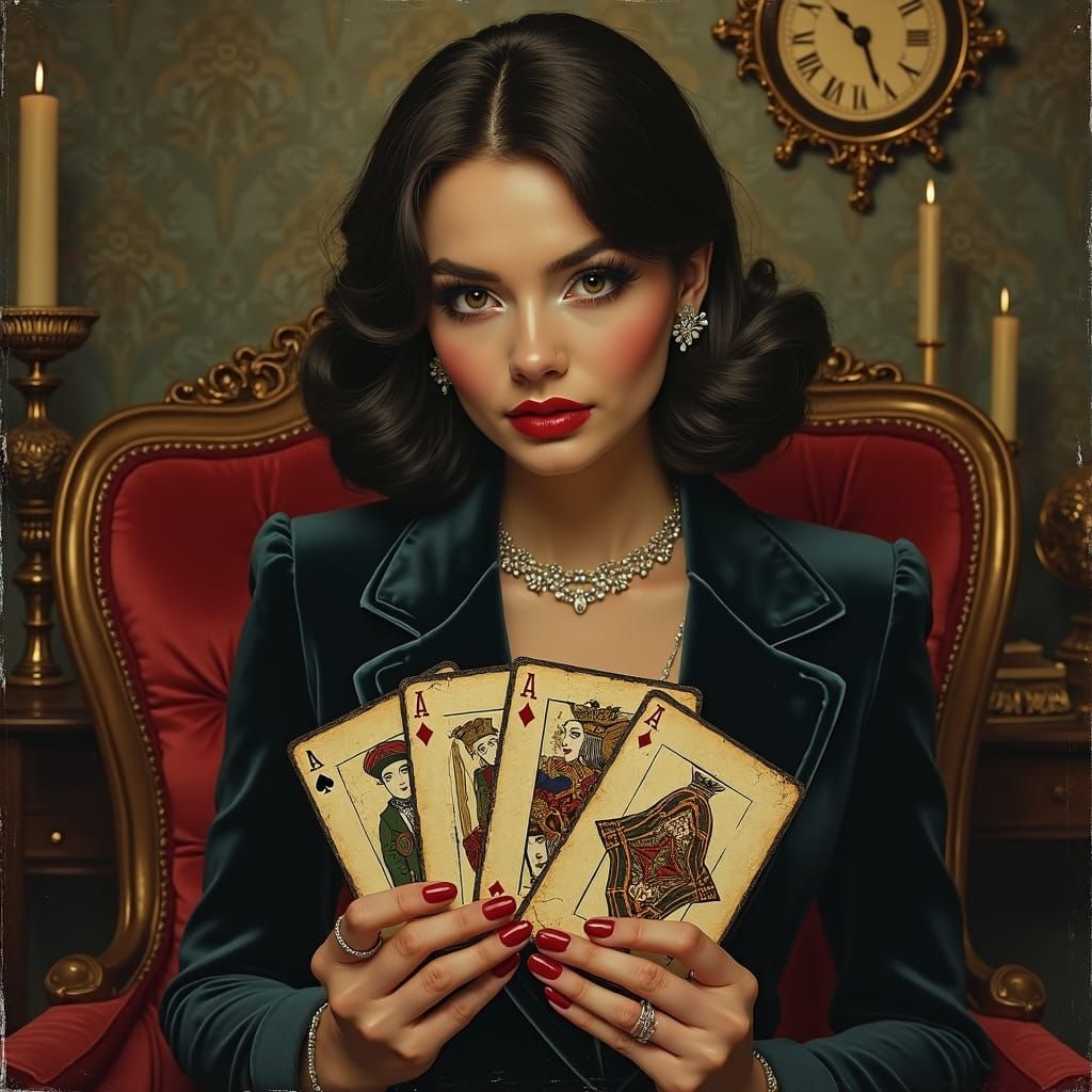 Woman Holding Cards in Art Nouveau Style