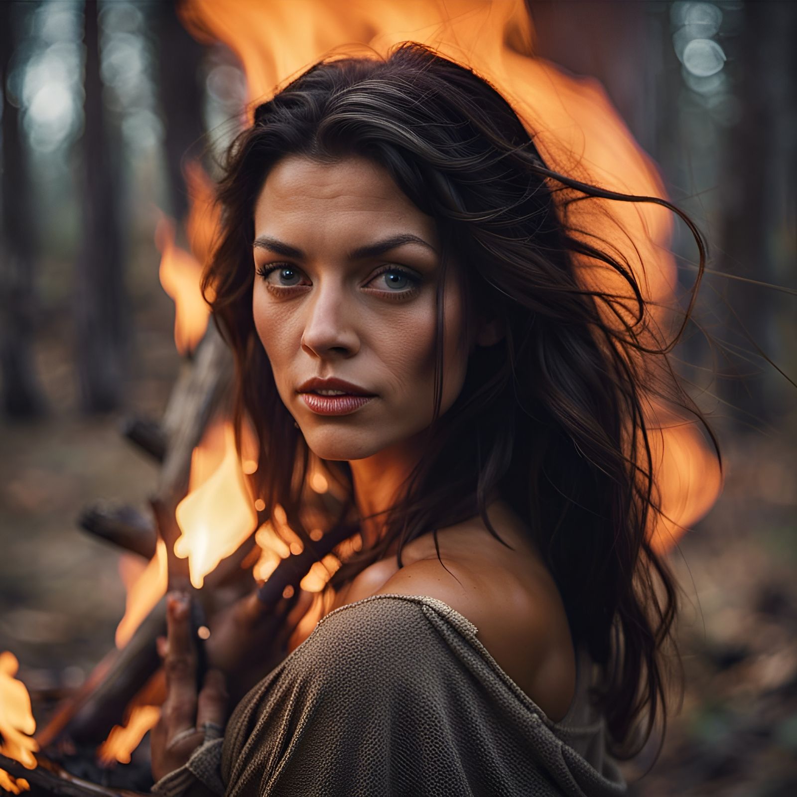 Brunette Witch Stirring Cauldron with Goblins