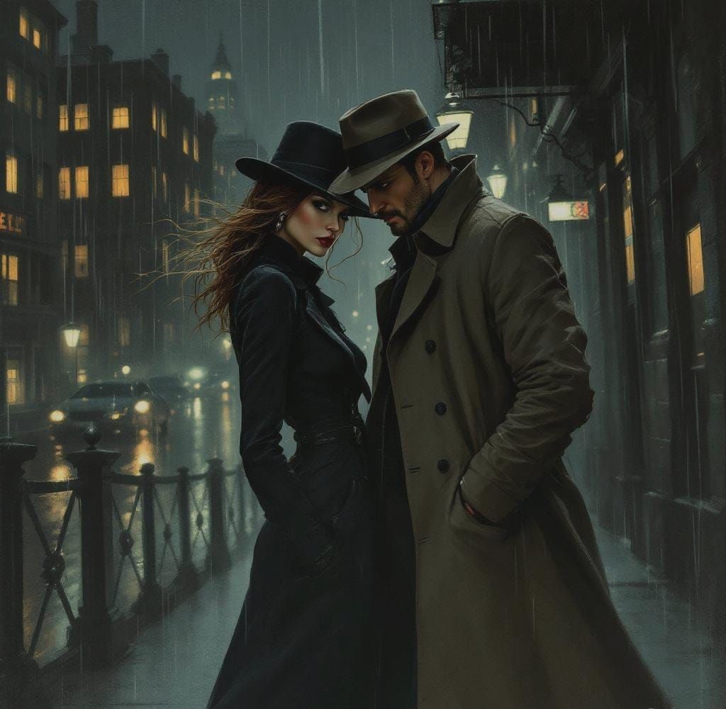 Film Noir Detective and Femme Fatale in Rain