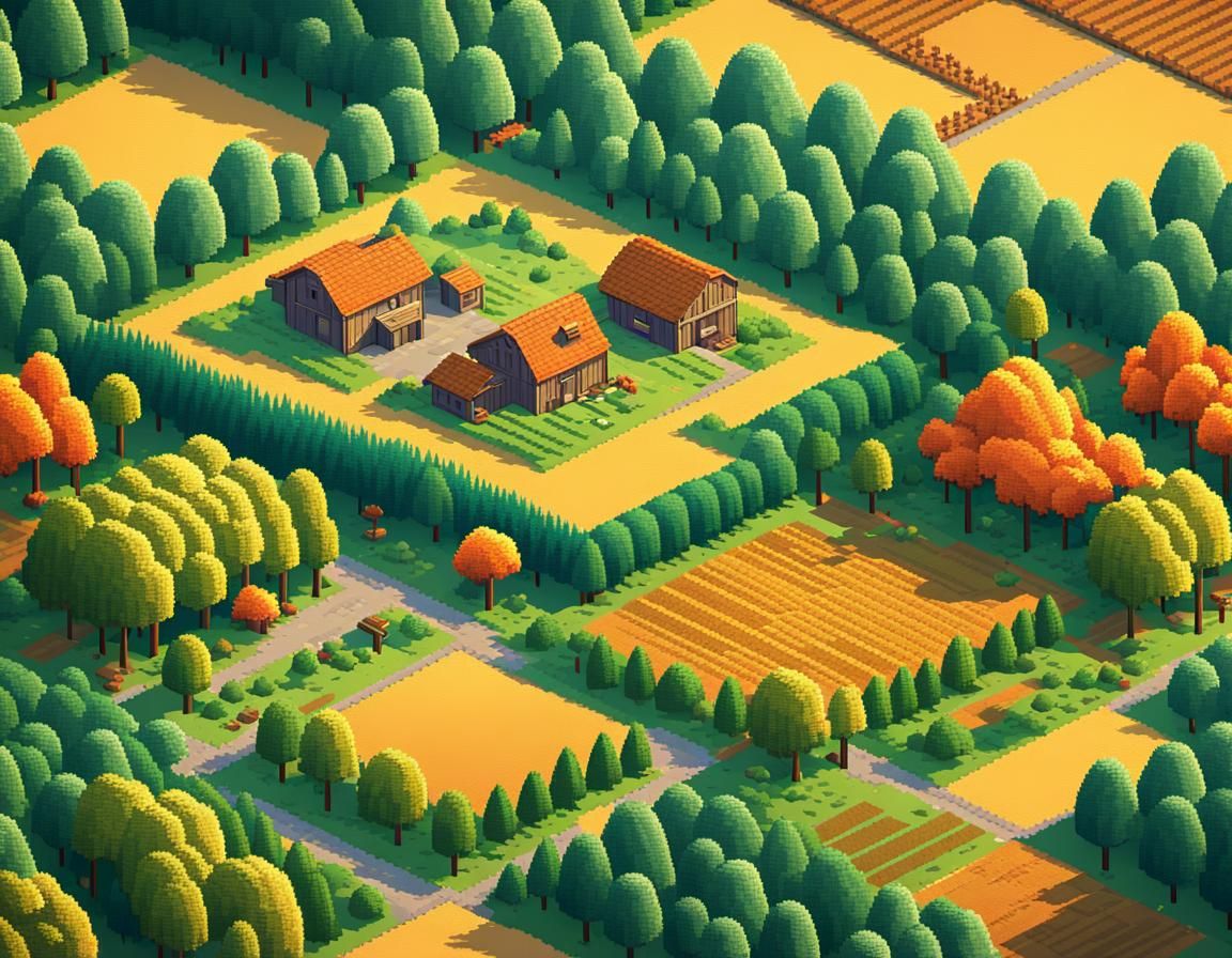 Isometric Pixel Art of Countryside Landscape