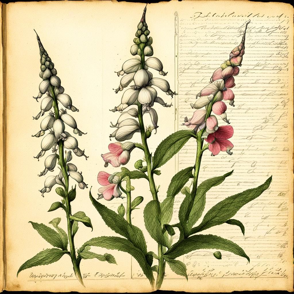 Hand-Colored Digitalis Ink Drawings