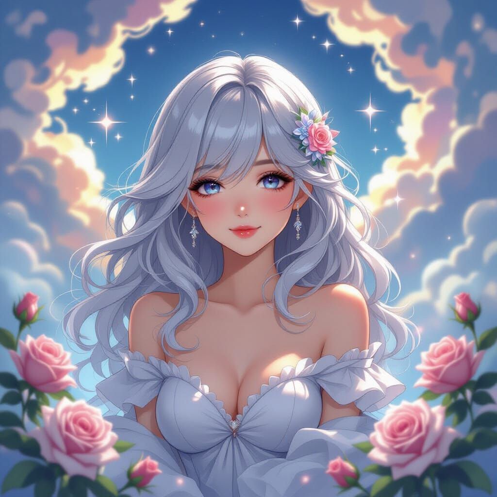 Silver-Haired Girl Amidst Magical Clouds and Sparkles