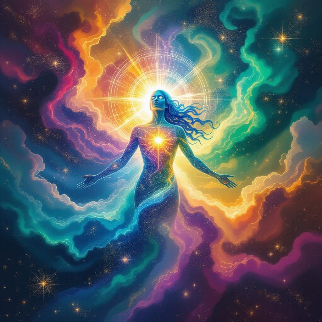 Vibrant Abstract Cosmos with Ethereal Creator Figure