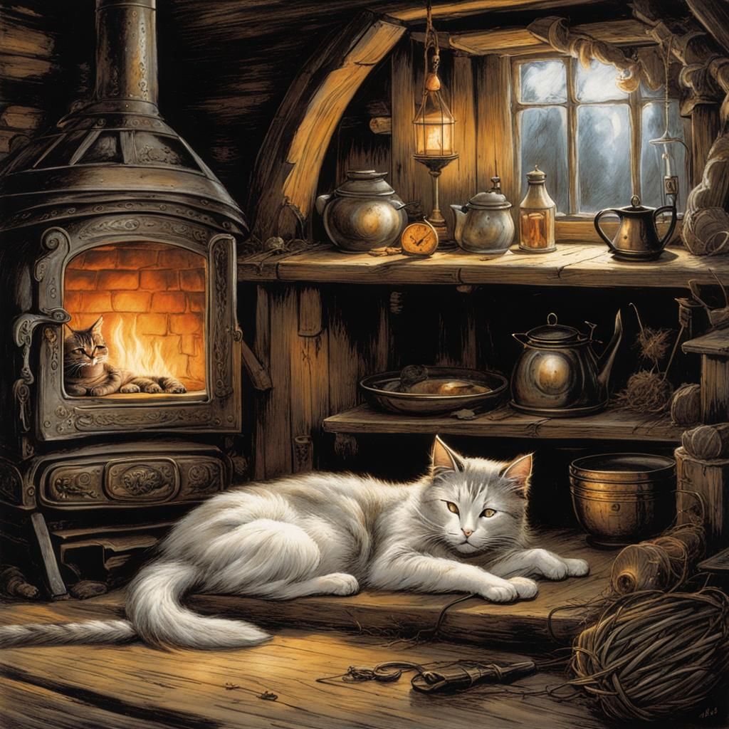 Cat Nap in Medieval Cabin, Dark Fantasy Comic Art