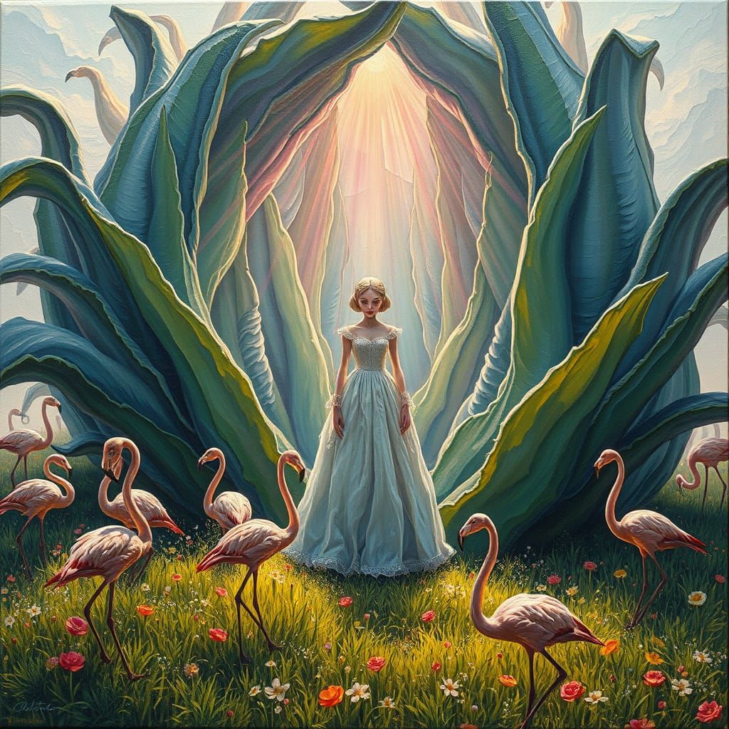 Magical Alien Plant with Flamingos in Pastel Field