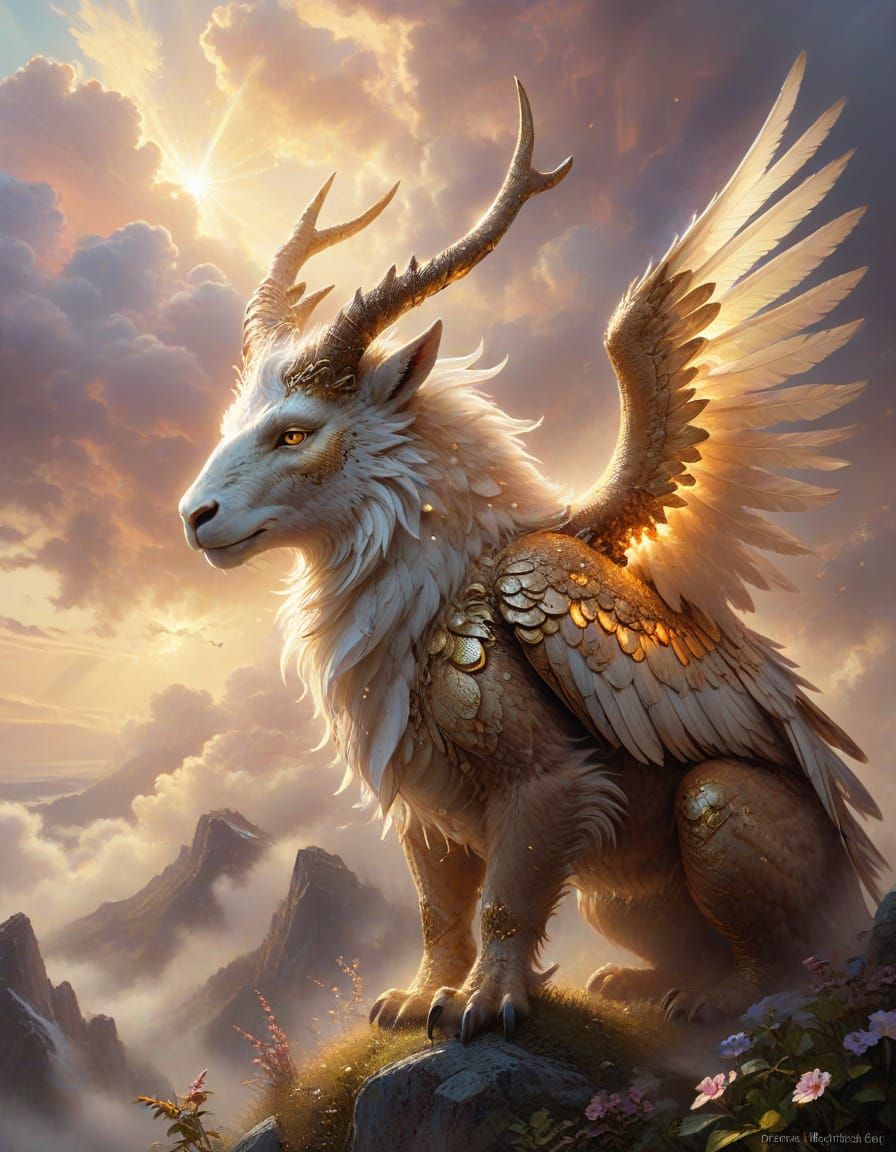 Ethereal Sky Beast Cradling Orphans in Golden Light