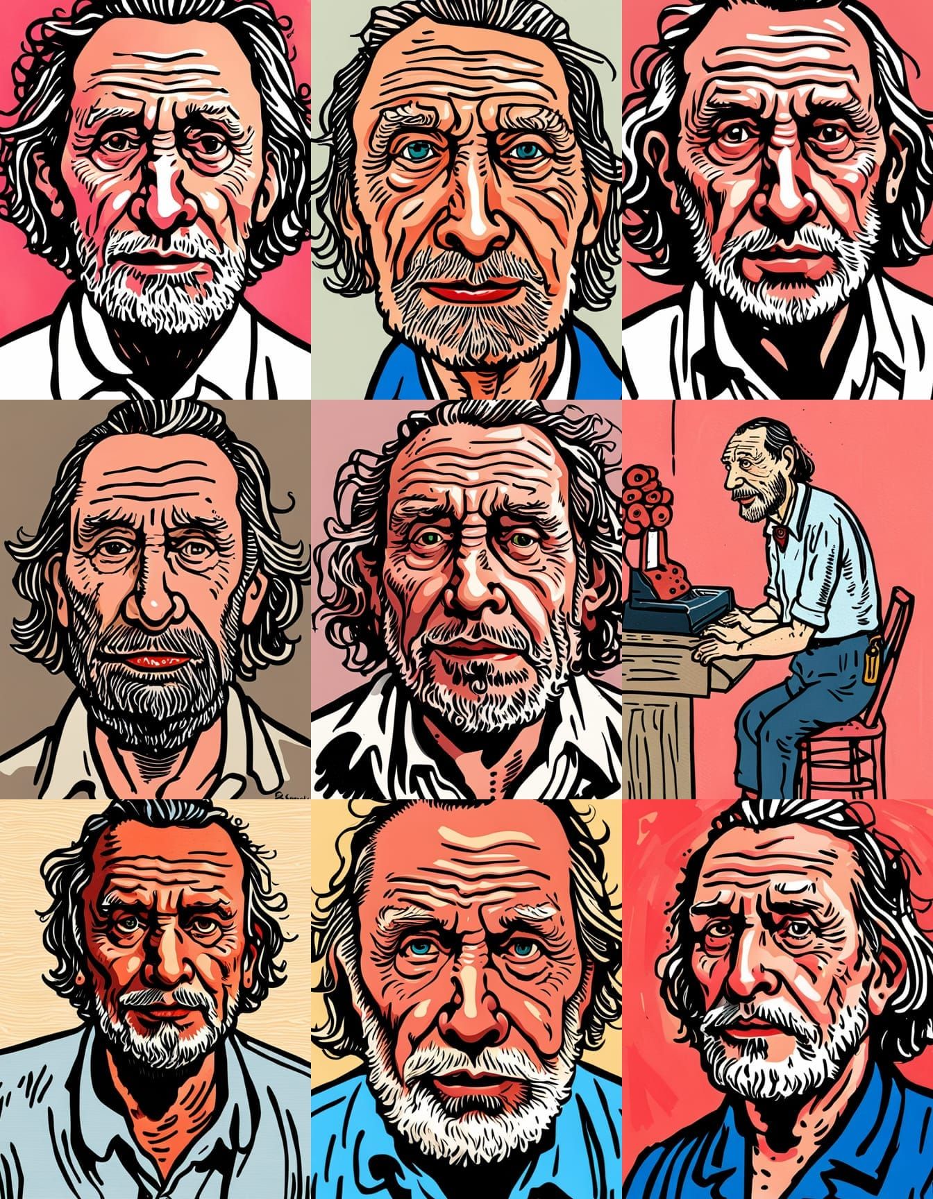 Bukowski Caricature in Wes Anderson Medieval Woodcut Style
