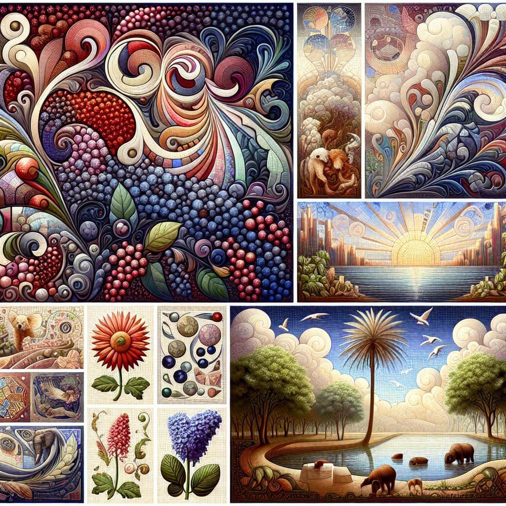 Art Deco Mosaic with Berries and Lake