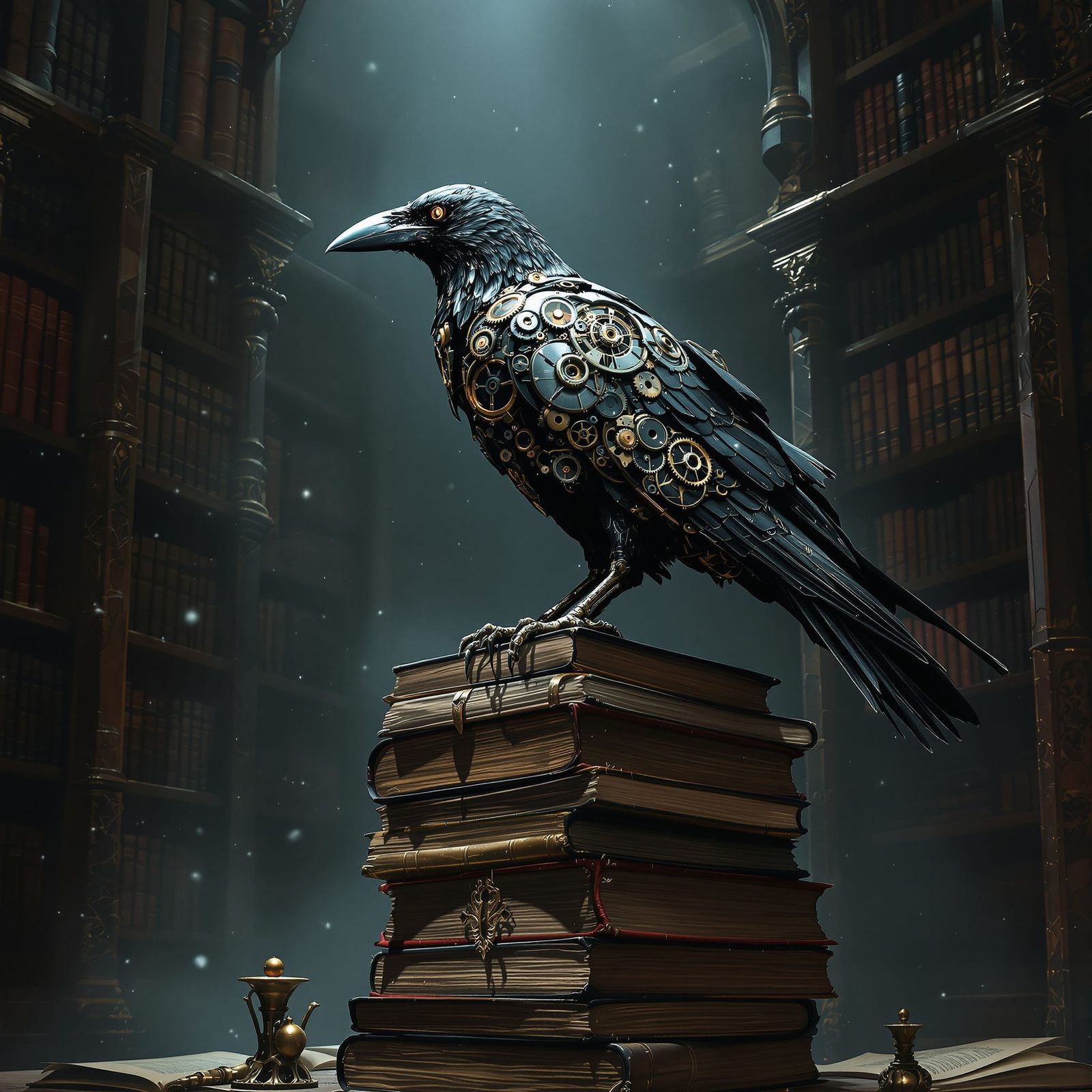 An intricate, clockwork raven perched atop a towering stack ...