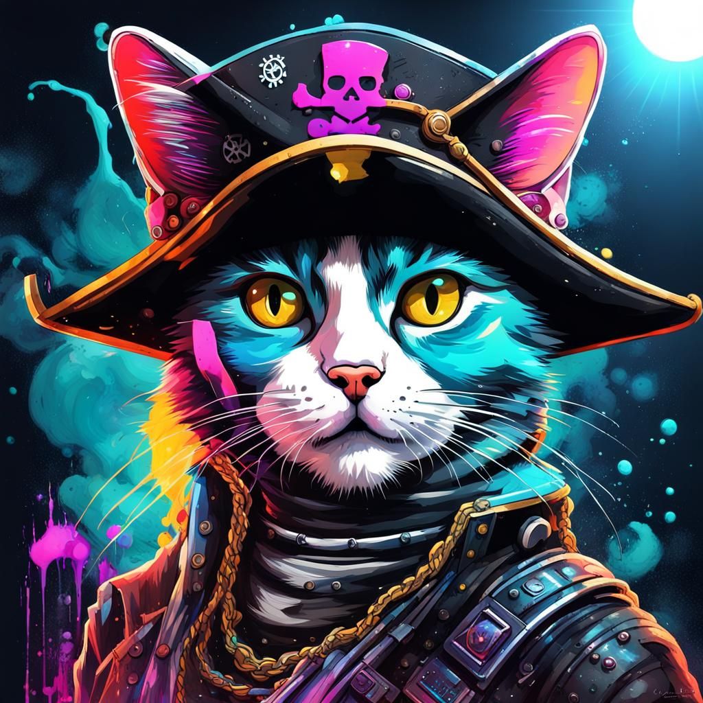Cyberpunk Pirate Cat Sailing Solar Ship
