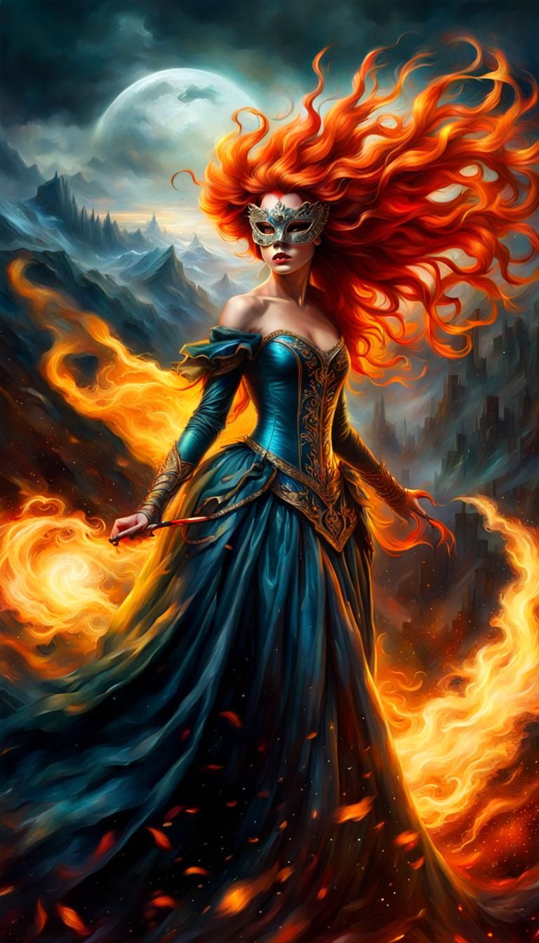 Fire-Haired Maiden in Windy Hellscape: Fantasy Art