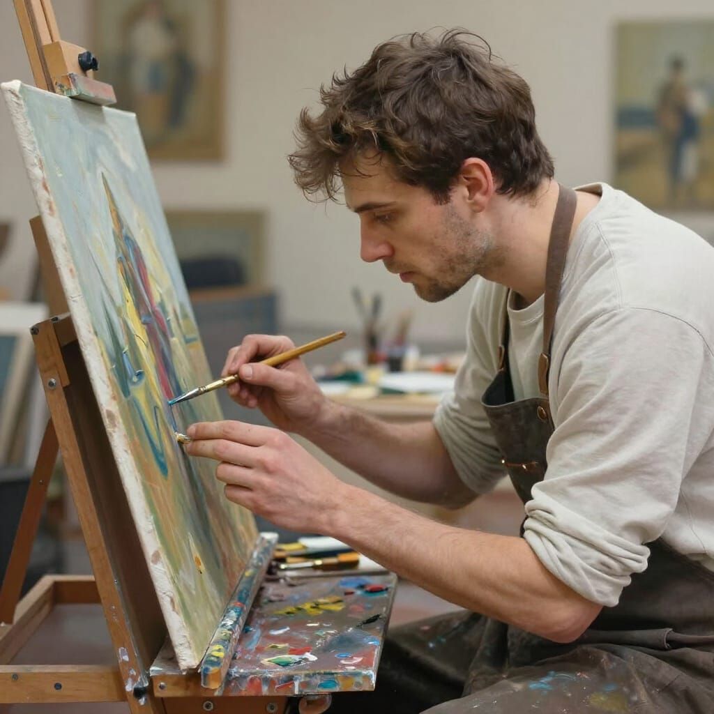 Artist Deeply Focused in Creative Flow Oil Painting