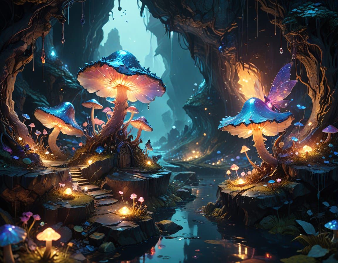 Faerie Village in Glowing Geode: Fantasycore Digital Art