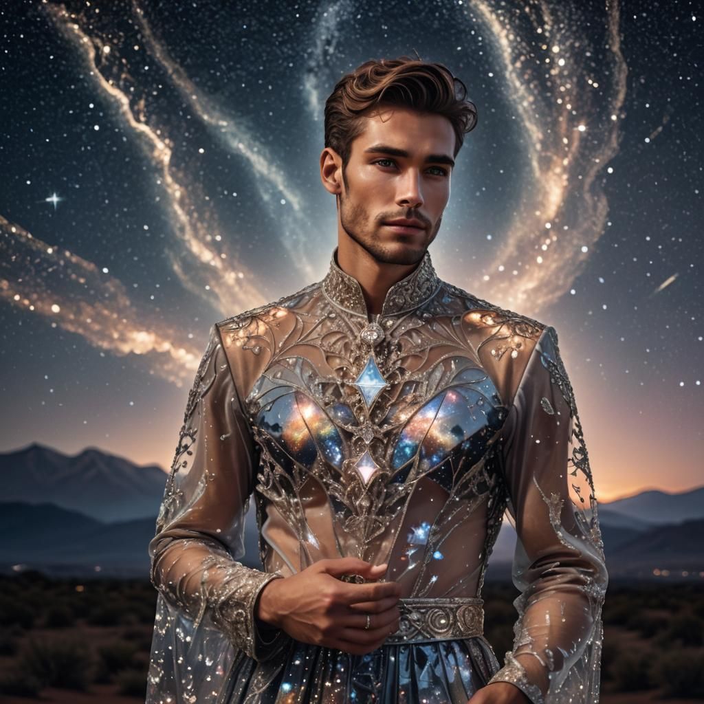 Man in Glass Dress with Night Sky Background