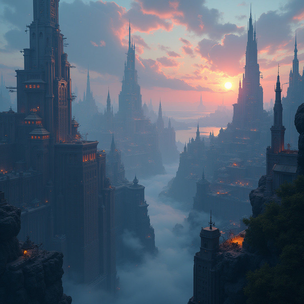Mystical Metropolis at Twilight: Dreamy Matte Painting