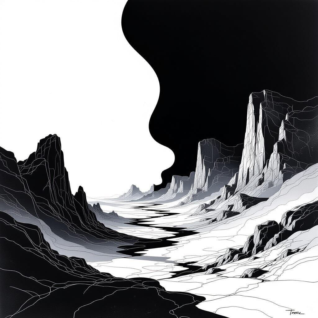 Surreal Ink Landscape in Art Deco Style