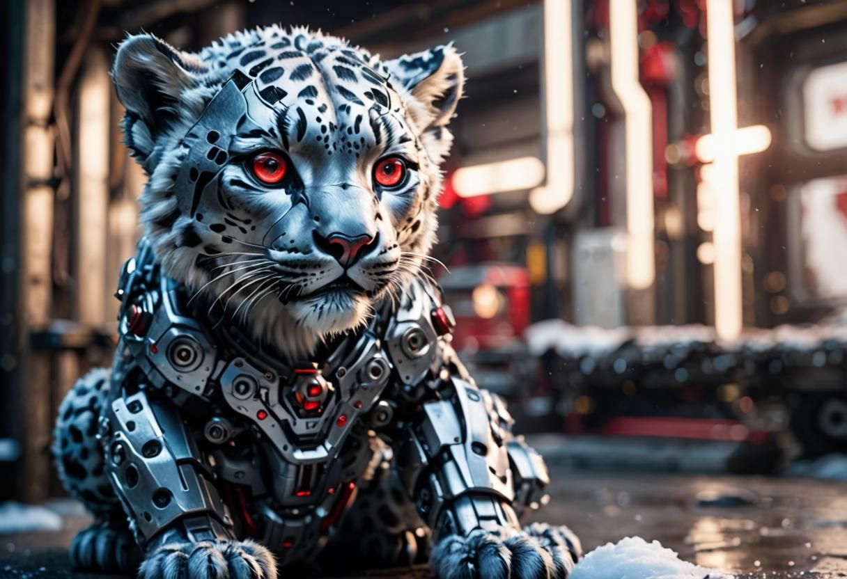 Snow Leopard Cyborg with Red Metal Details