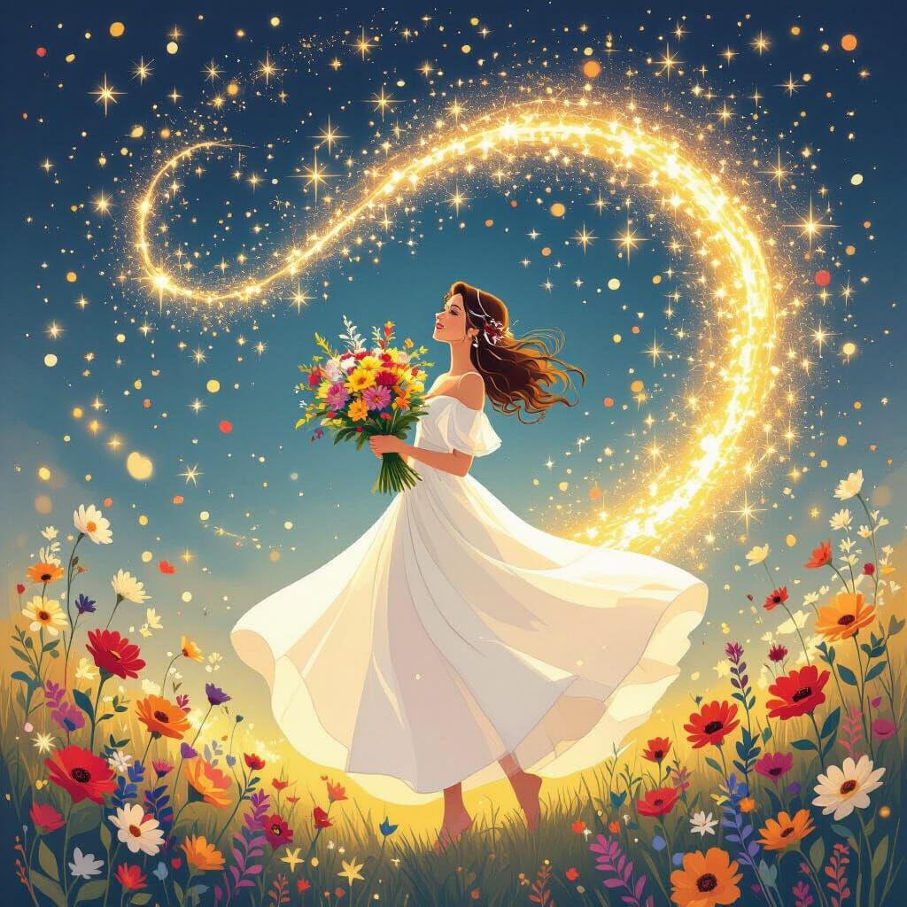 Joyful Woman With Confetti And Wildflowers