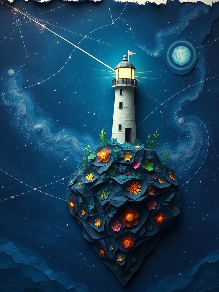 Celestial Lighthouse Guiding Souls, Paper Surrealism