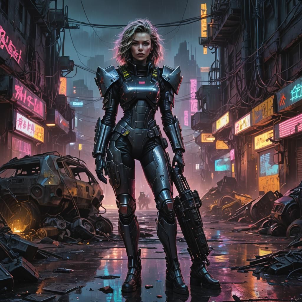 Cyberpunk Mecha Battle in Foreboding Ruins