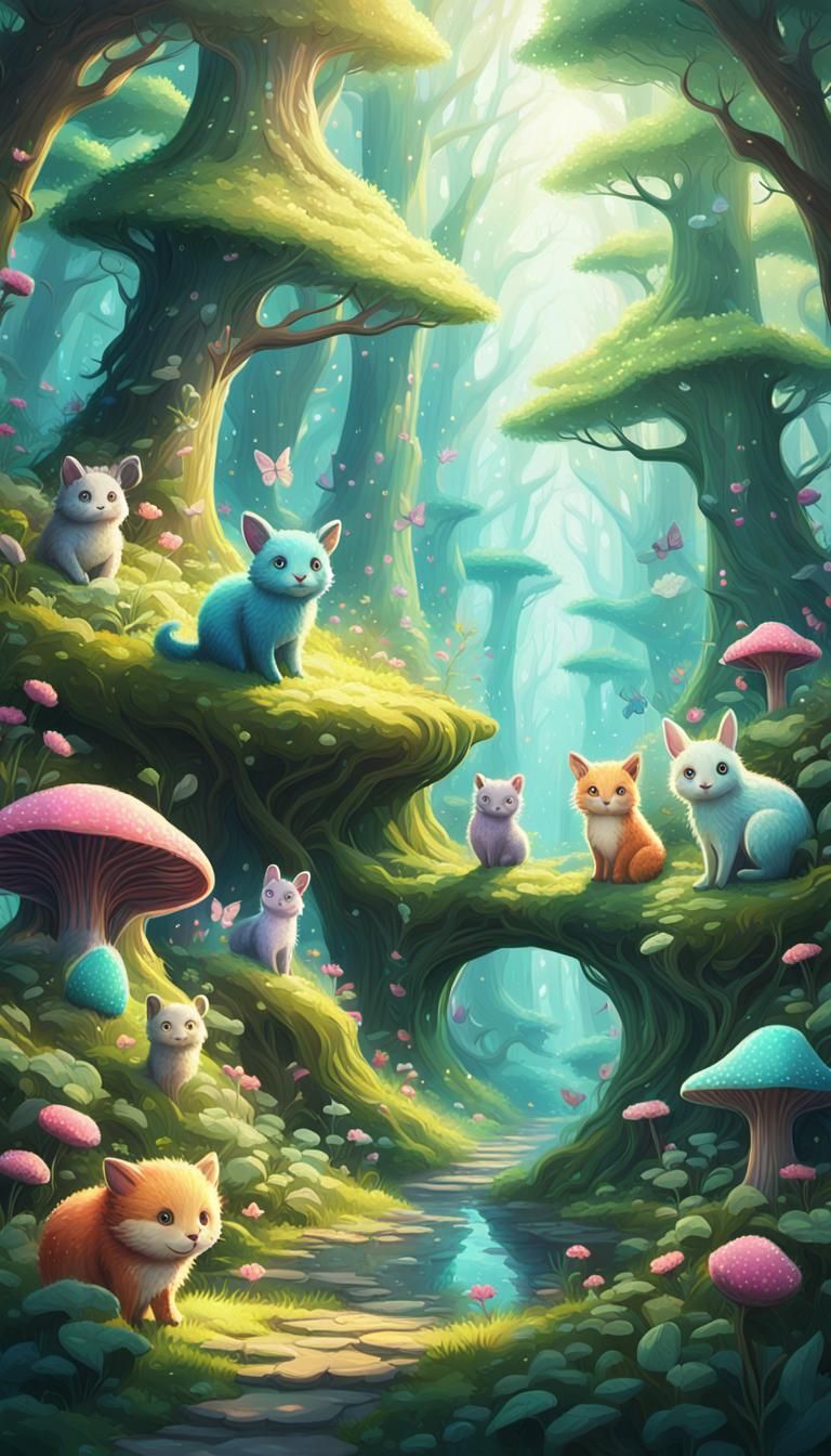 Kawaii Animals Peek from Mystical Forest Corners