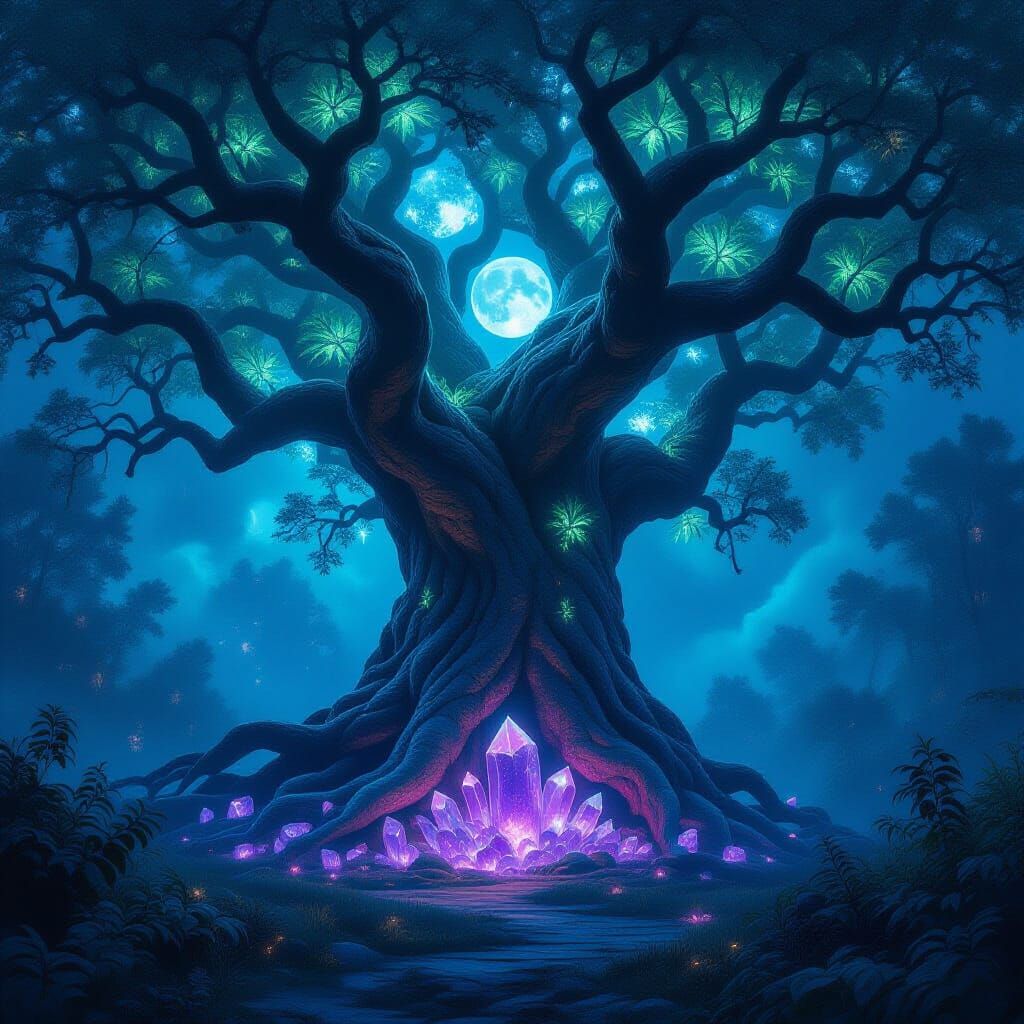 Ancient Bioluminescent Tree with Crystal Roots in Mystical F...