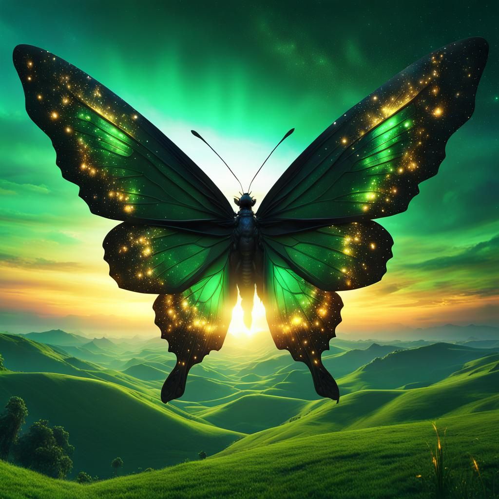 Mystical Butterfly with Galactic Wings at Sunset