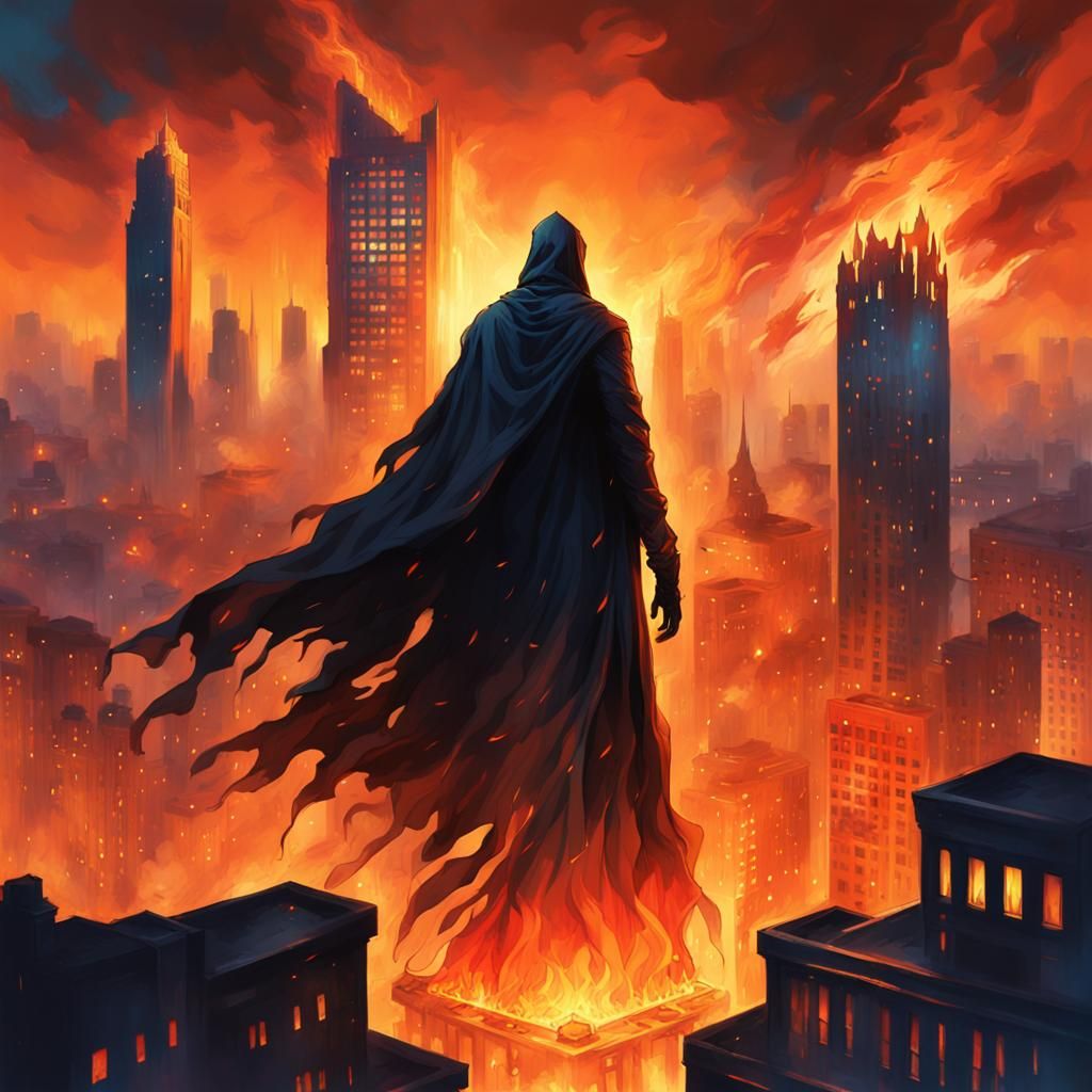 Grimdark Fantasy: Cloaked Figure in Burning City