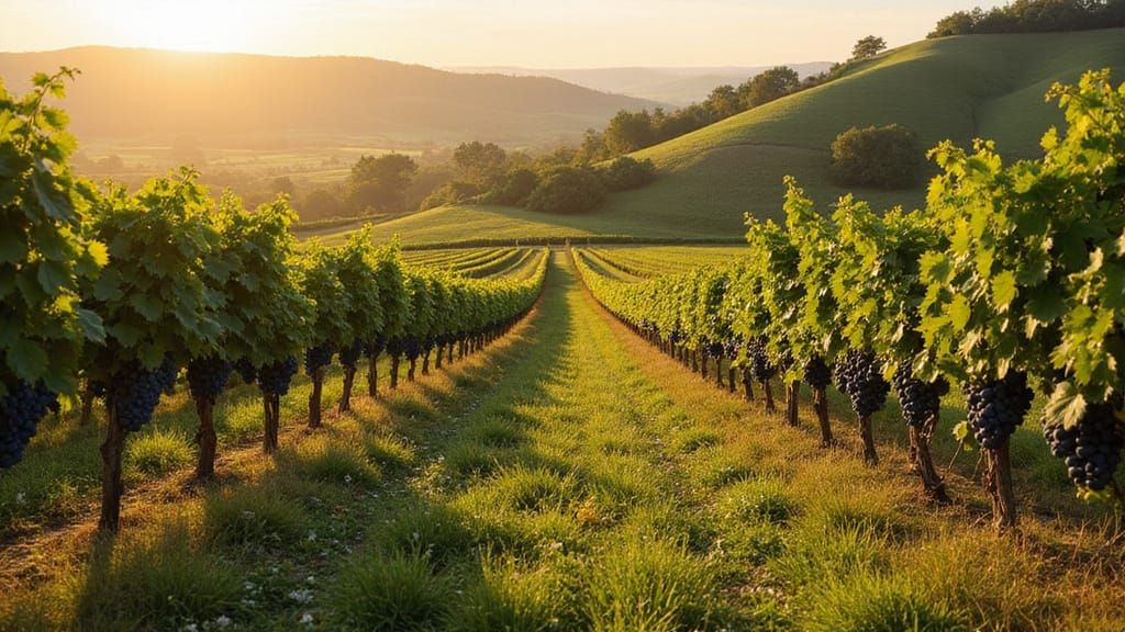 Lush Vineyard Landscape Under Golden Sun