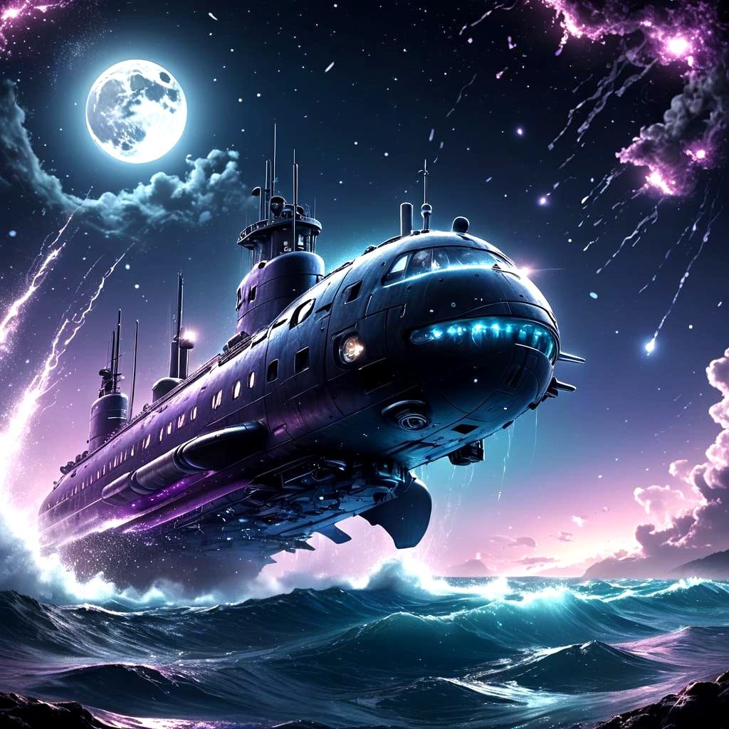 Futuristic Submarine with Ocean Moon Lighting