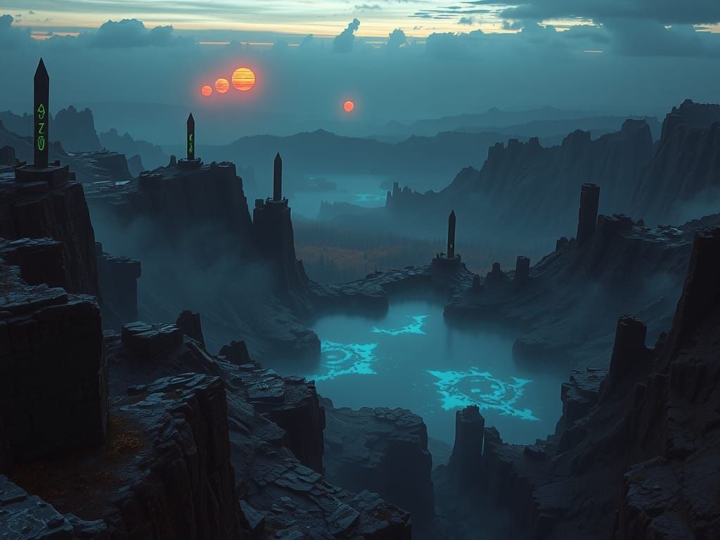 Ominous Landscape with Runes and Ghostly Lake