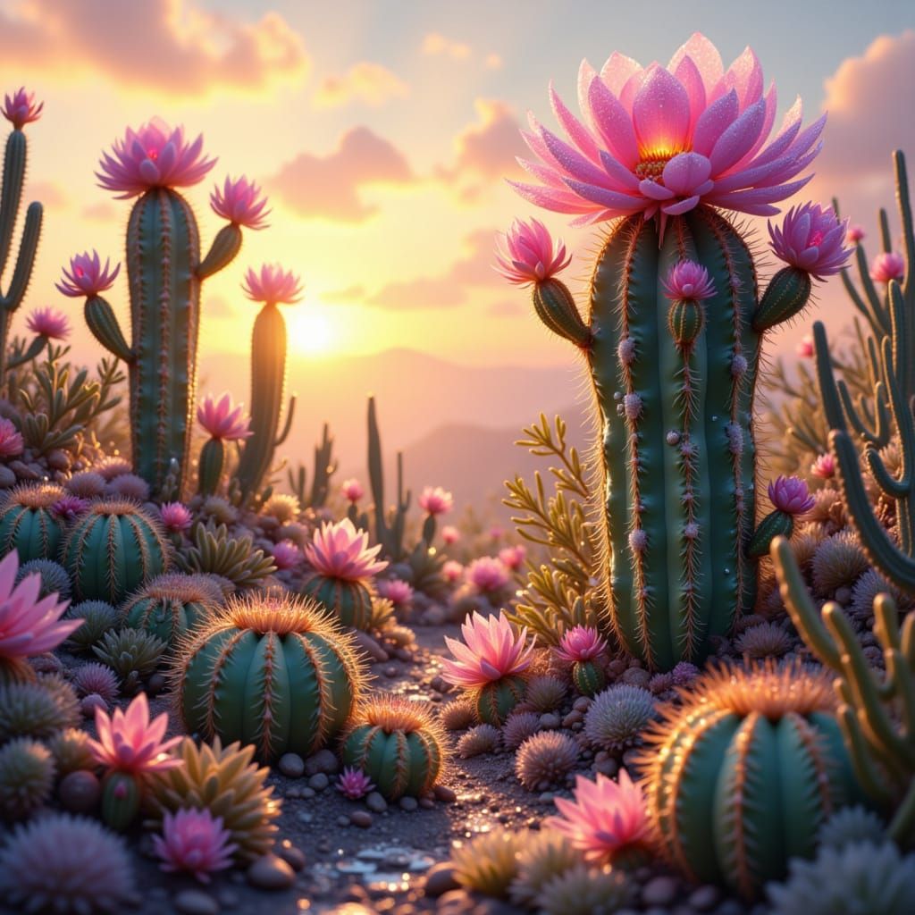 Alien Desert Sunrise with Flowering Cacti and Glistening Pla...