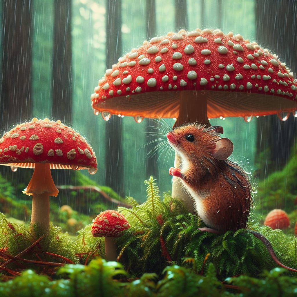 Mouse Seeks Shelter Under Mushroom in Rainy Forest