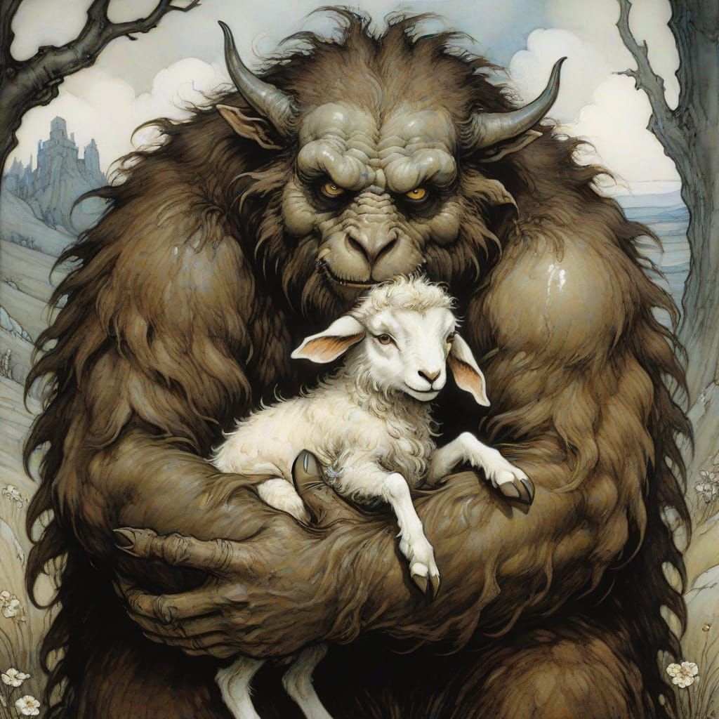 Monster Hugs Lamb in Arthur Rackham Style