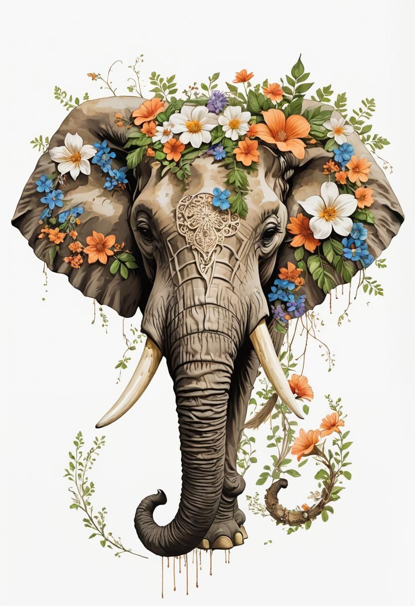 Elephant Skull Anatomy with Floral Details