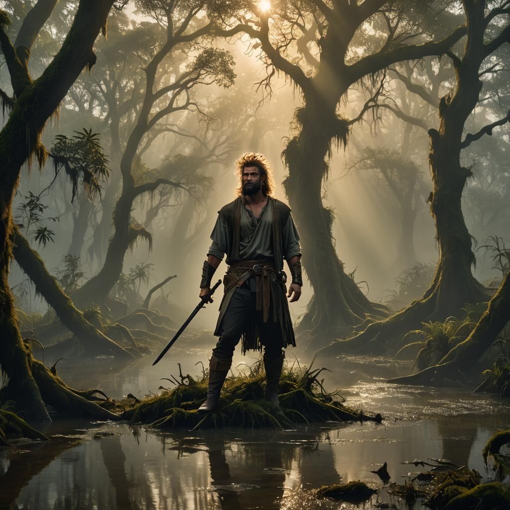 Wild Man in Misty Swamp with Sword